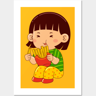 girl kids eating fries Posters and Art